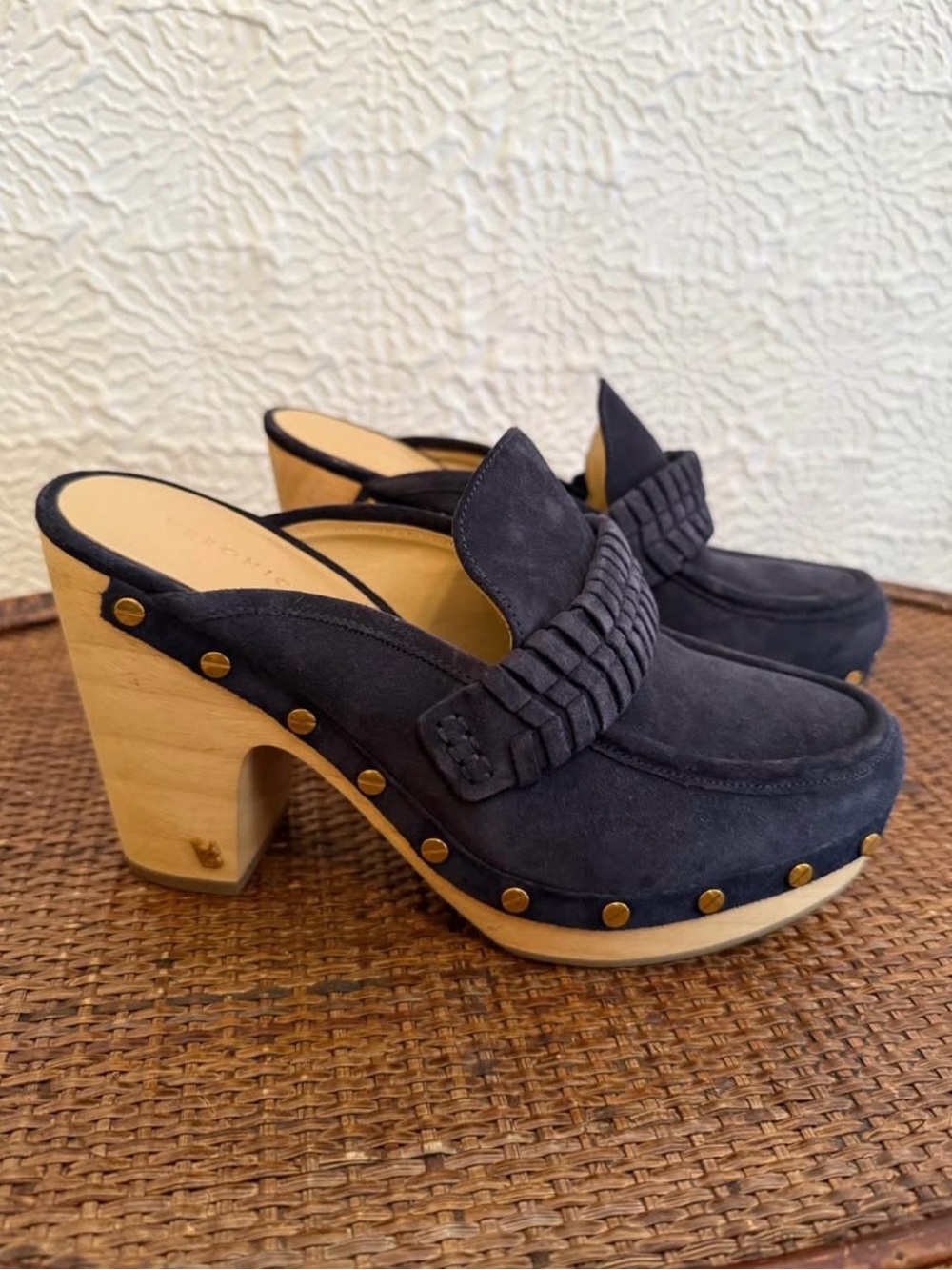 New Veronica Beard Navy Eclipse Suede Delia Studded Clog Mules, Size 7